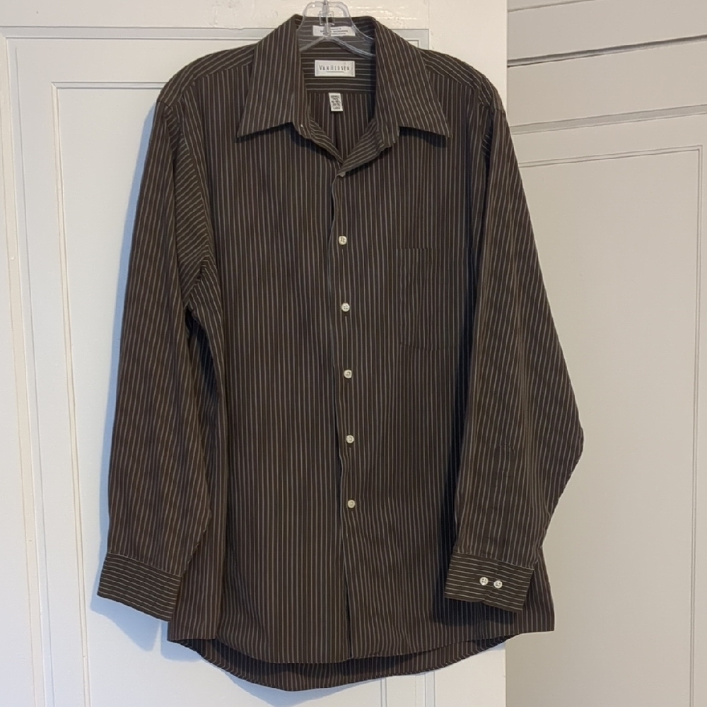 Brown And Blue Striped Button Down Cotton Shirt 34/35 Large Y2K
